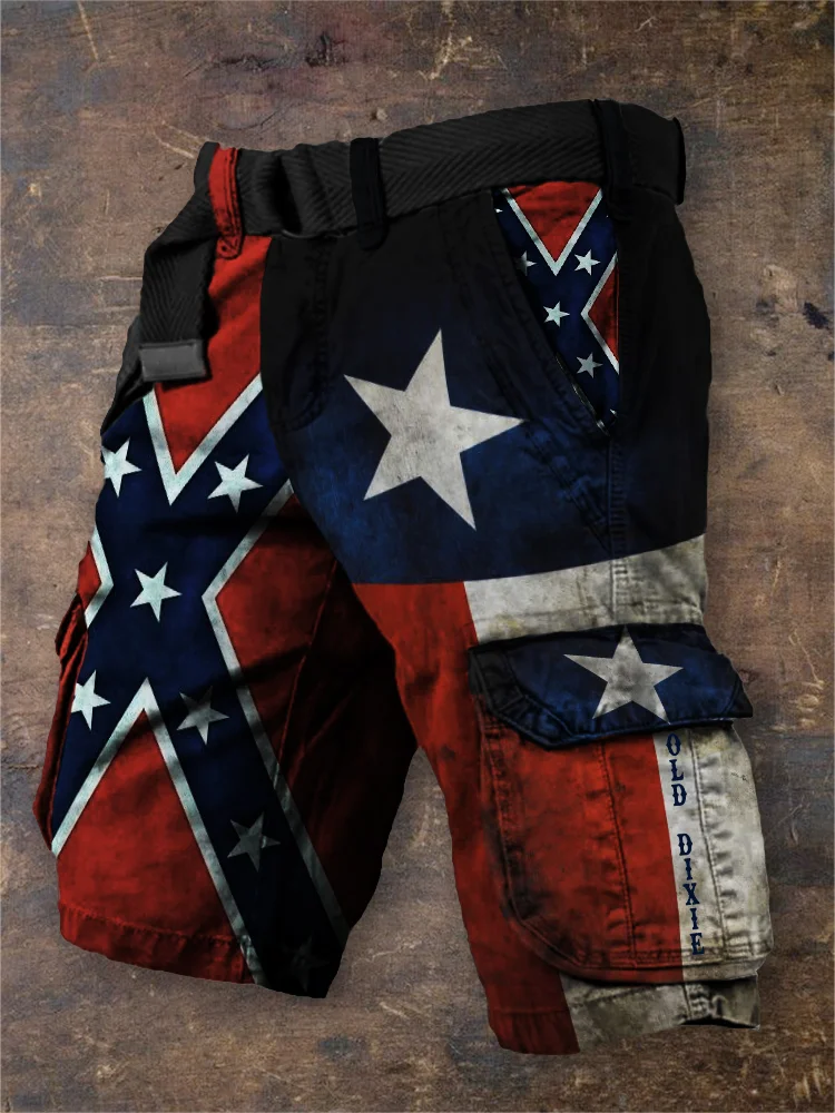 Men's Old Dixie Texas Rebel Flag Patchwork Cargo Shorts