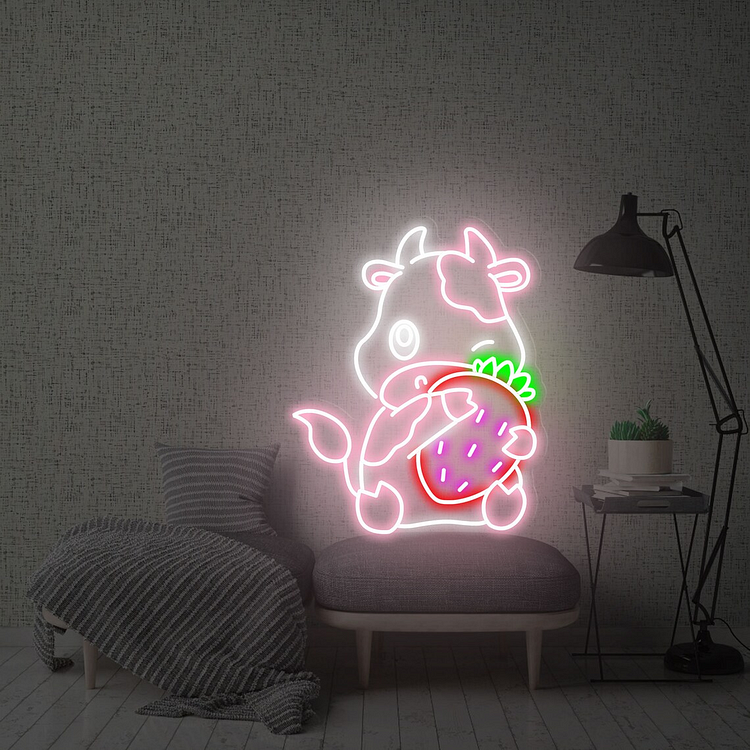 Strawberry Cow Neon Sign Strawberry Milk Neon Sign Strawberry Neon Sign Fruit Neon Sign Kawaii Neon Sign Personalized Neon Signs