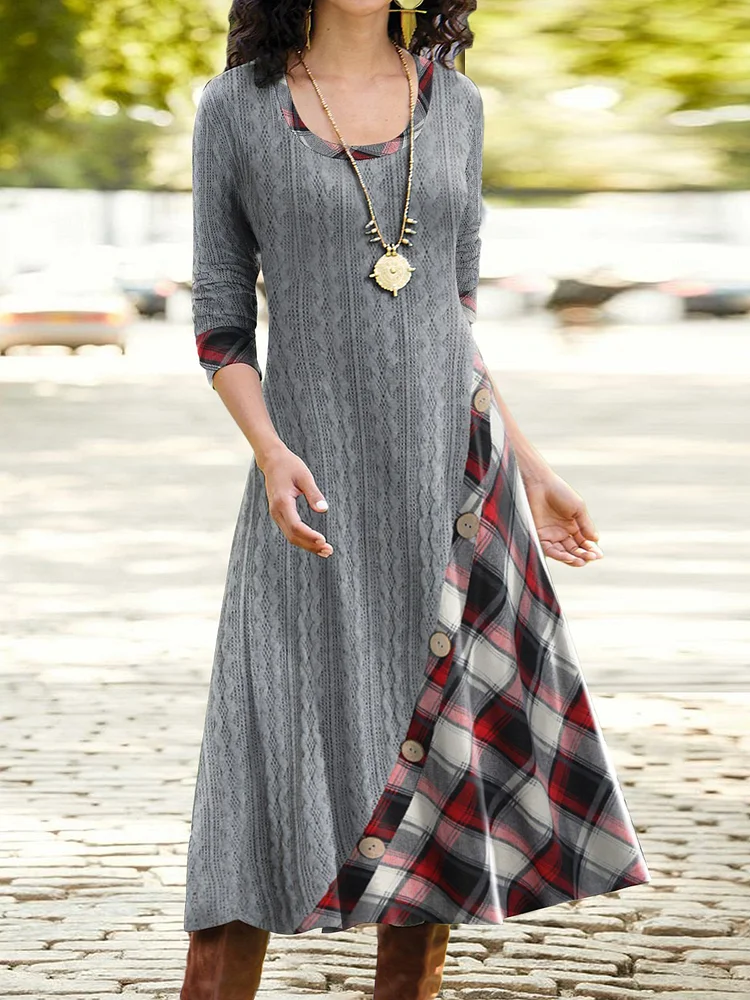 Casual Plaid Crew Neck Dresses