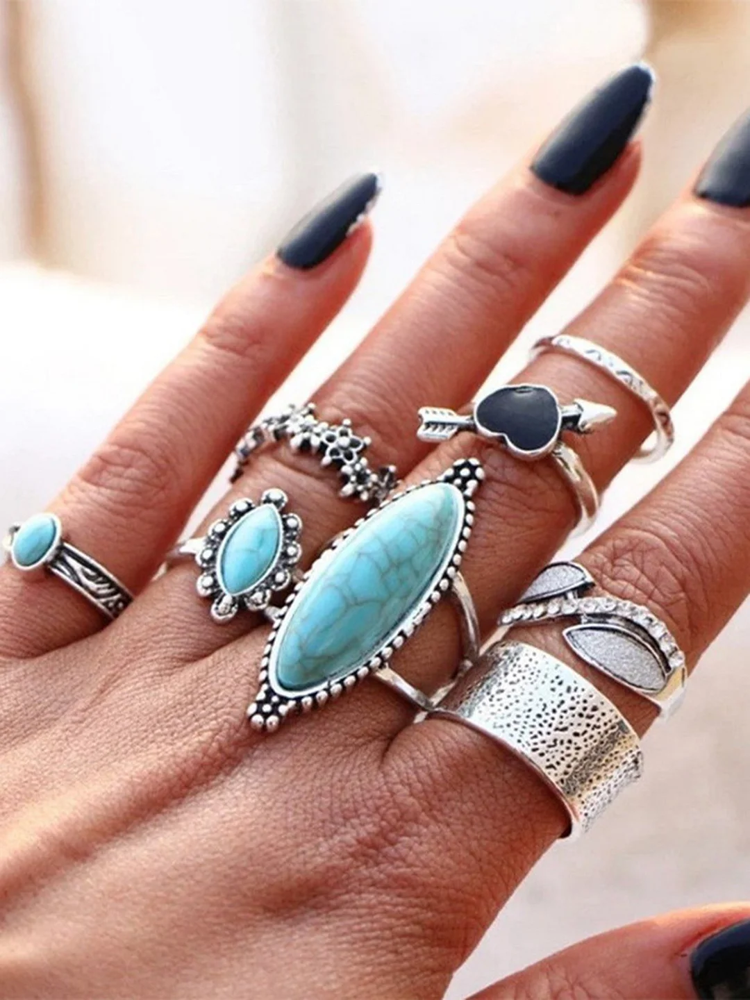 8Pcs Ethnic Style Turquoise Heart Ring Set Beach Holiday Jewelry | EGEMISS