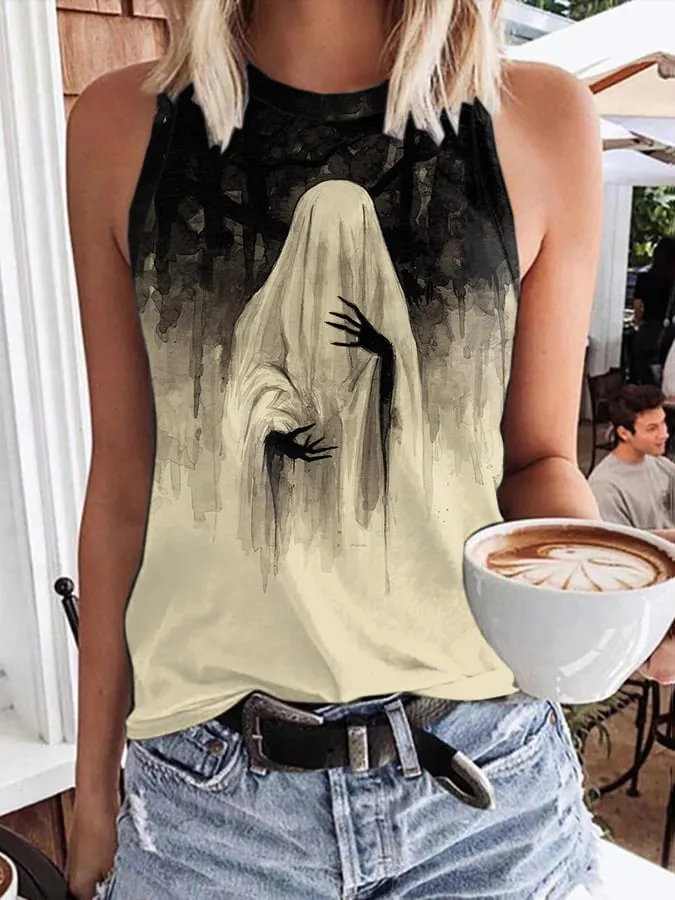 Women's Vintage Ghost Art Print Sleeveless Tank Top