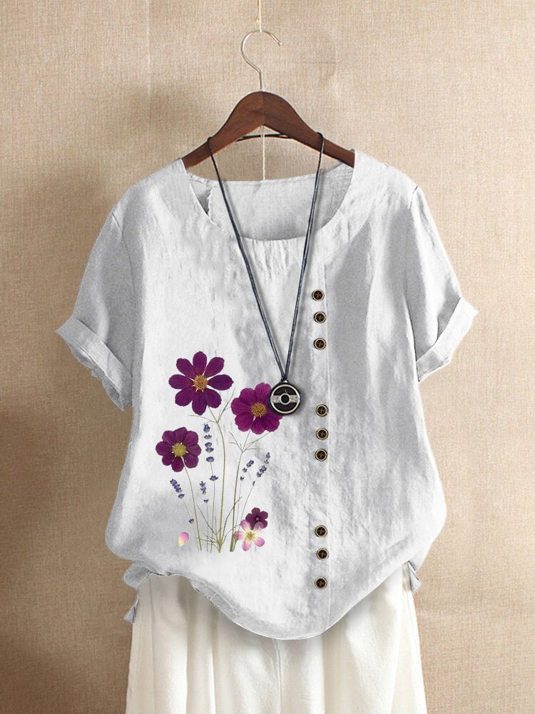 Button O neck Flower Print Short Sleeve T Shirt For Women P1834227