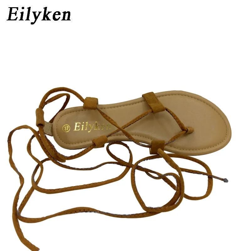 Eilyken Summer Roman Sandals  Multiple Cross-Strap tall knee high Bondage Thong Nubuck Women Sandals Flip flops Black Apricot