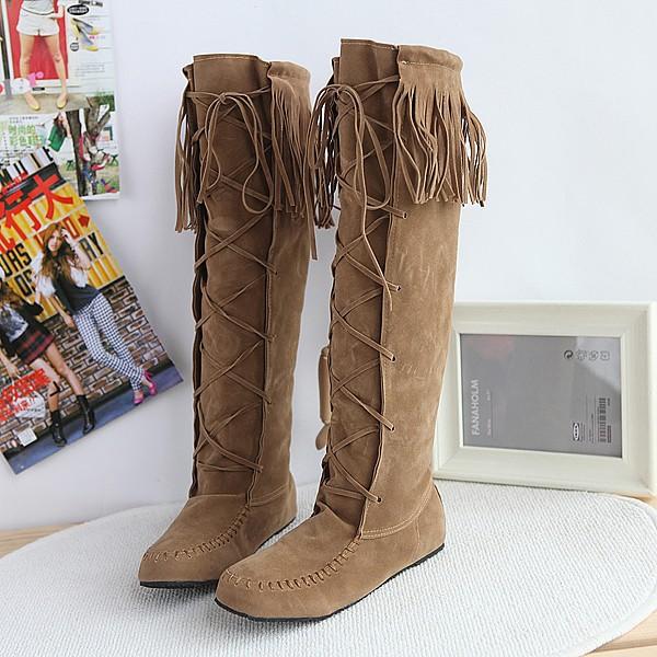 VCSHOES Tassels Lace UP Round Toe Suede Flat Knee-length Long Boots