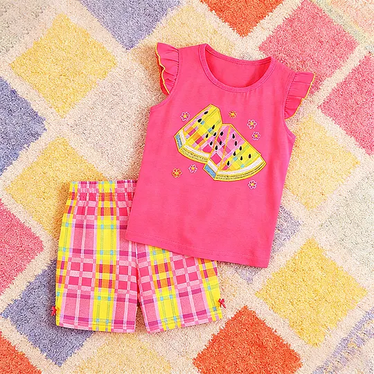 【18M-7Y】Girls' Cute Cartoon Embroidered Watermelon T-Shirt + Shorts 2-Piece Set