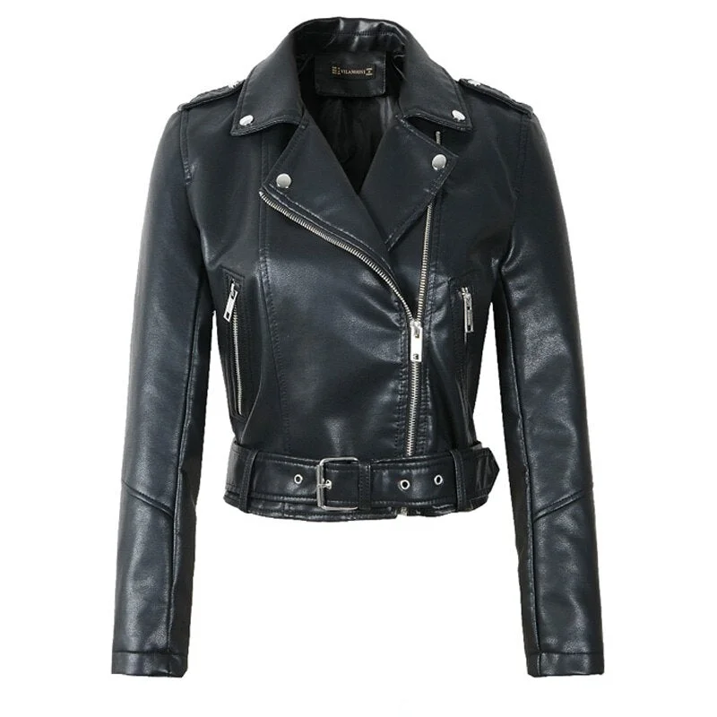 FTLZZ Women Faux Soft Leather Short Jacket Rivet Epaulet Zipper Pu Motorcycle Basic Jackets Female Red Black Outerwear With Belt