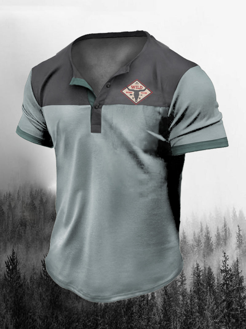 Men's Retro Color Matching Wild Reindeer Henry Collar Short-Sleeved Shirt