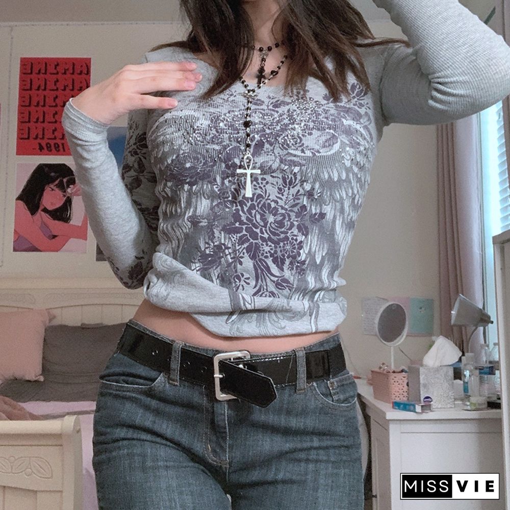 Autumn Spring Women’s Harajuku Vintage Long Sleeve T-shirt Feather Wing Flower Printed Y2K Aesthetic Female Mujer Slim Fit Tops