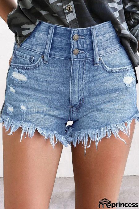 Light Blue Ripped Tasseled Hem Jean Shorts
