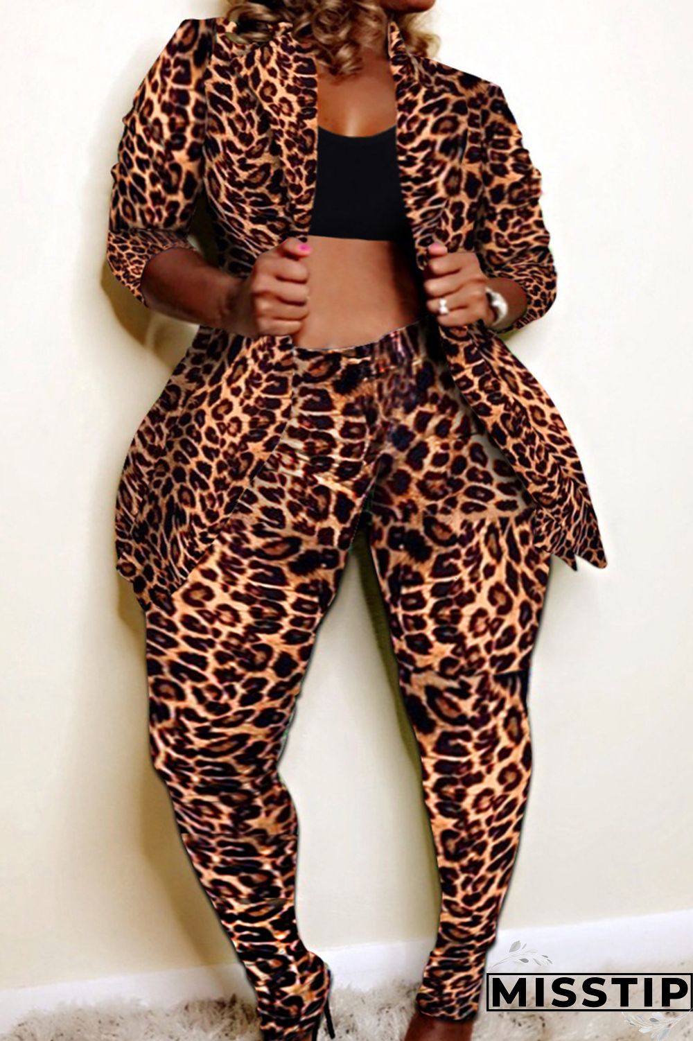 Leopard Print Fashion Casual Print Cardigan Pants Turndown Collar Plus Size Two Pieces