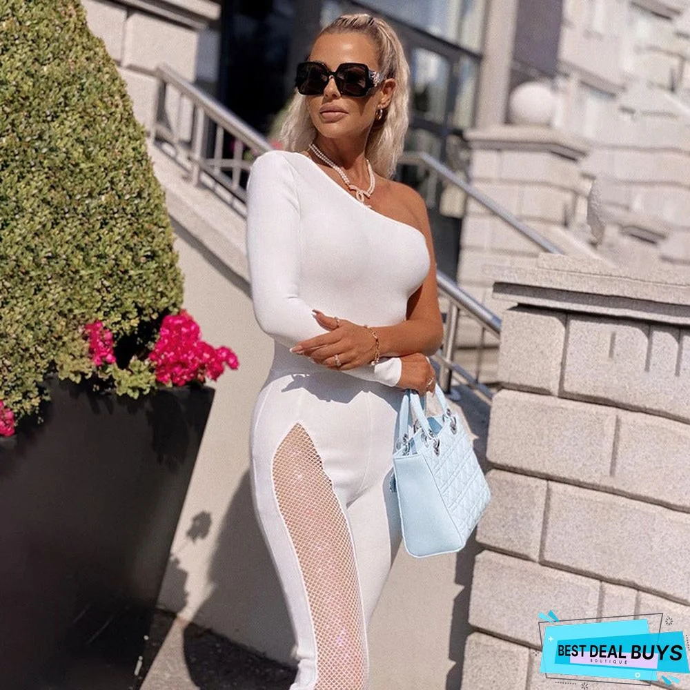 Fashion Solid Color One-Shoulder Mesh Stitching Jumpsuit