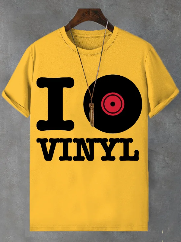 Men's I Love Vinyl Record Print Cotton Casual T-Shirt