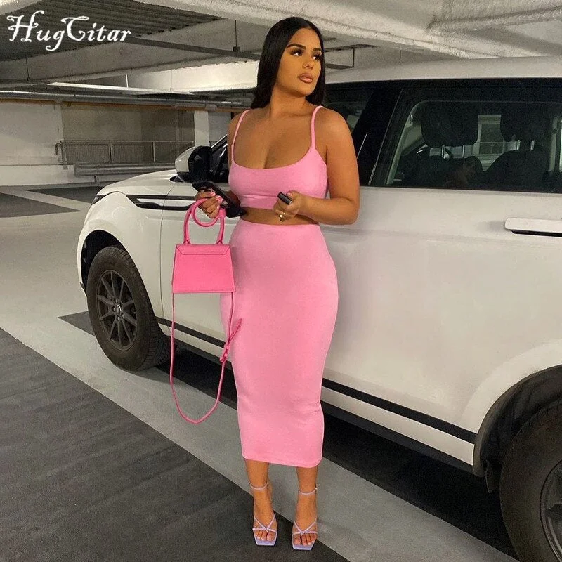 Hugcitar 2021 Straps Sexy Backless Bodycon Crop Top Skirt 2 Pieces Set Summer Women Streetwear Club Party Y2K Casual