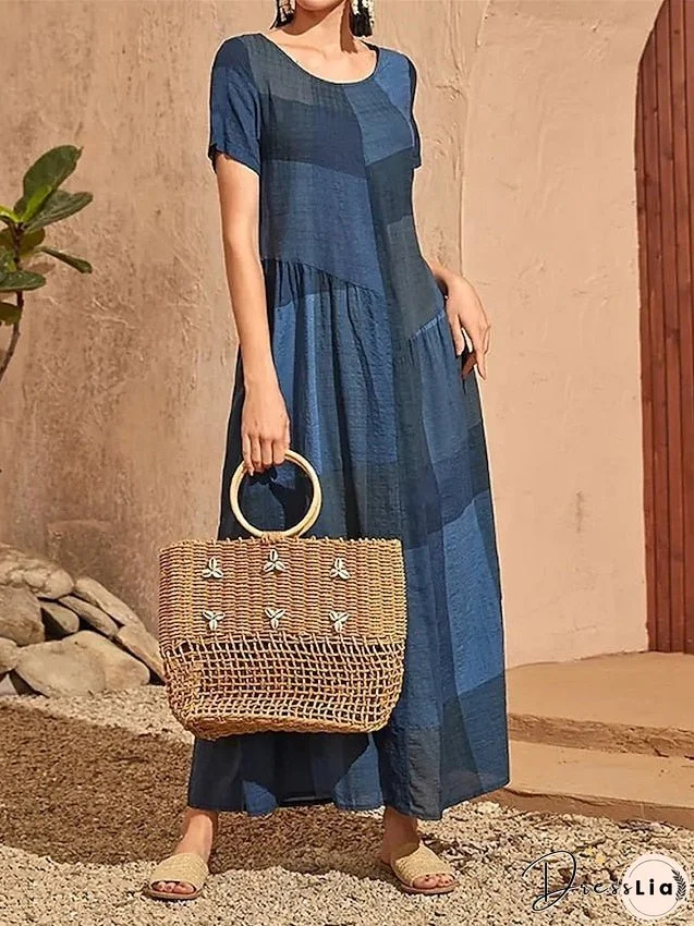 Long Dress Maxi Dress Casual Dress Summer Dress Color Block Streetwear Casual Outdoor Daily Holiday Patchwork Short Sleeve Crew Neck Dress Loose Fit Red Blue Purple Summer Spring S M L XL XXL for Women