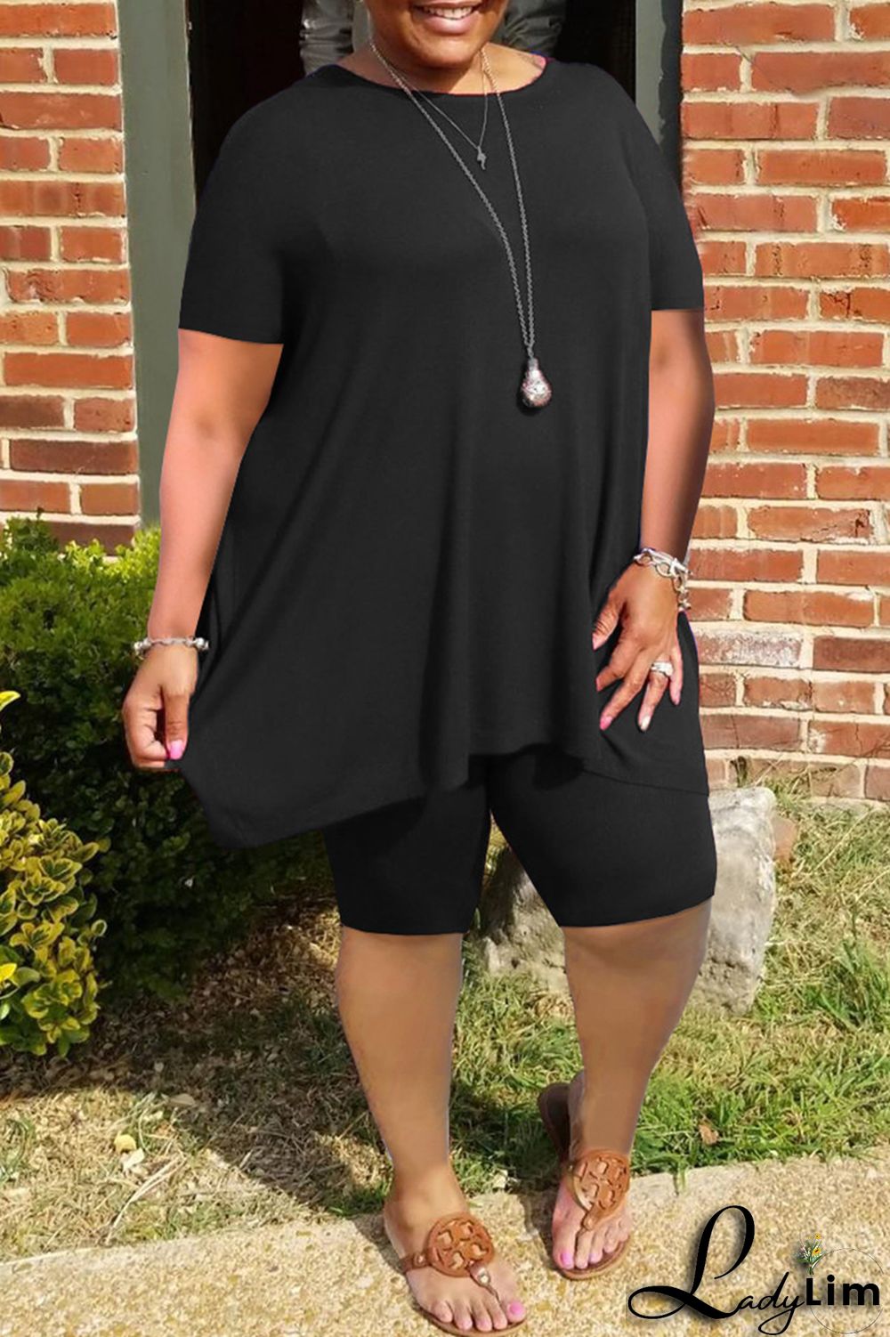 Grey Fashion Casual Solid Basic O Neck Plus Size Two Pieces