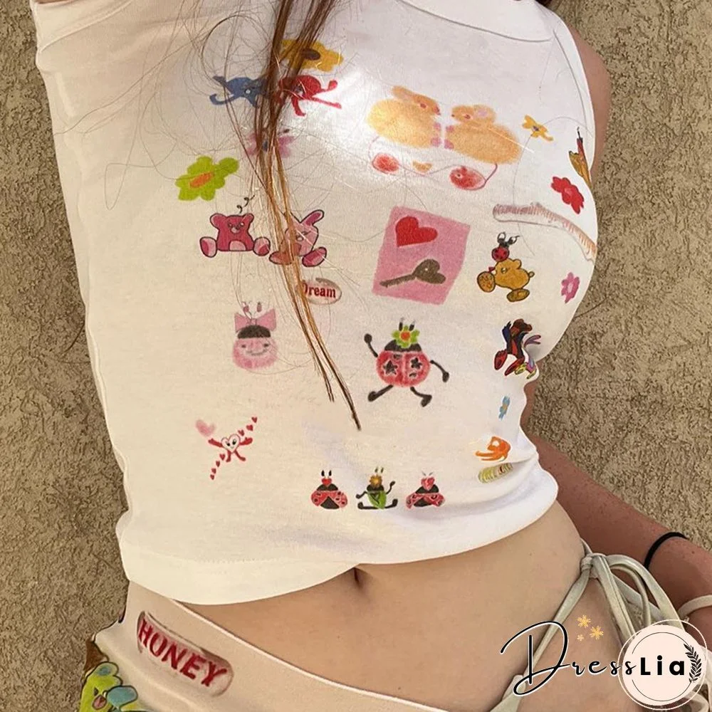 Kawaii Cartoon Pattern Crop Top Women Sleeveless Tanks Y2k Cute Fairy Grunge Clothes Basic Vest Sweats Streetwear