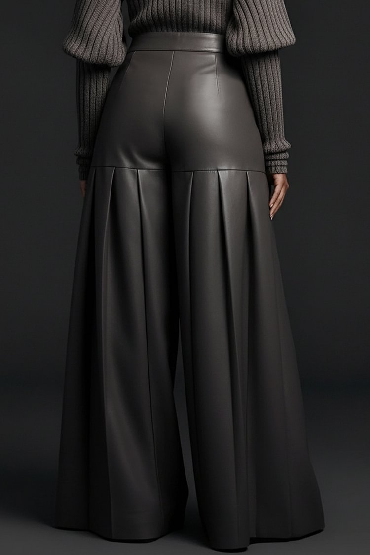 Plus Size Business Casual Grey Pocket Casual Wide Leg PU Leather Pants [Pre-Order]