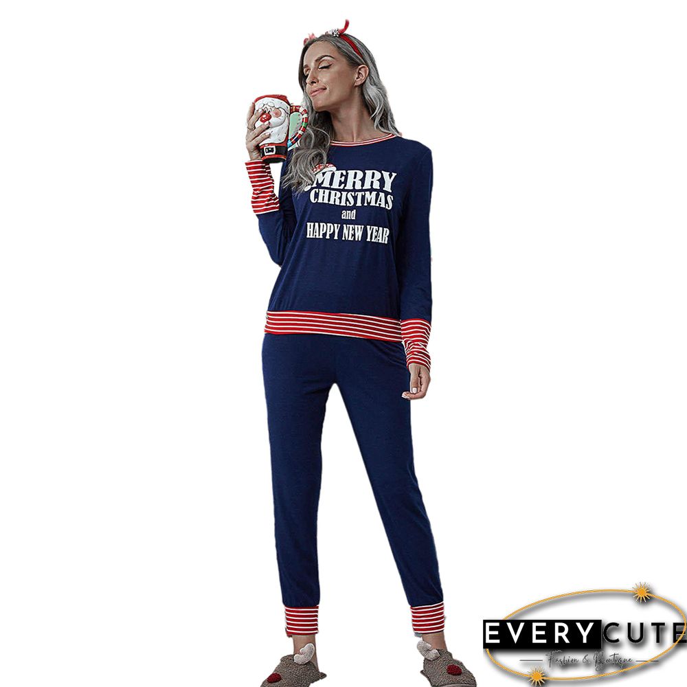 Navy Blue Merry Christmas Print Long Sleeve Loungewear Pajama Set