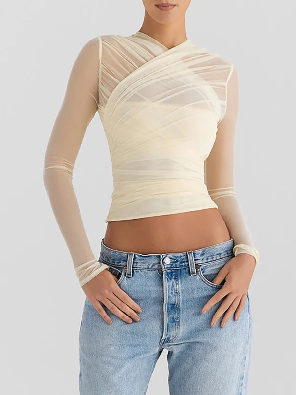 Long Sleeves Skinny Gauze Pleated See-Through Solid Color V-Neck T-Shirts