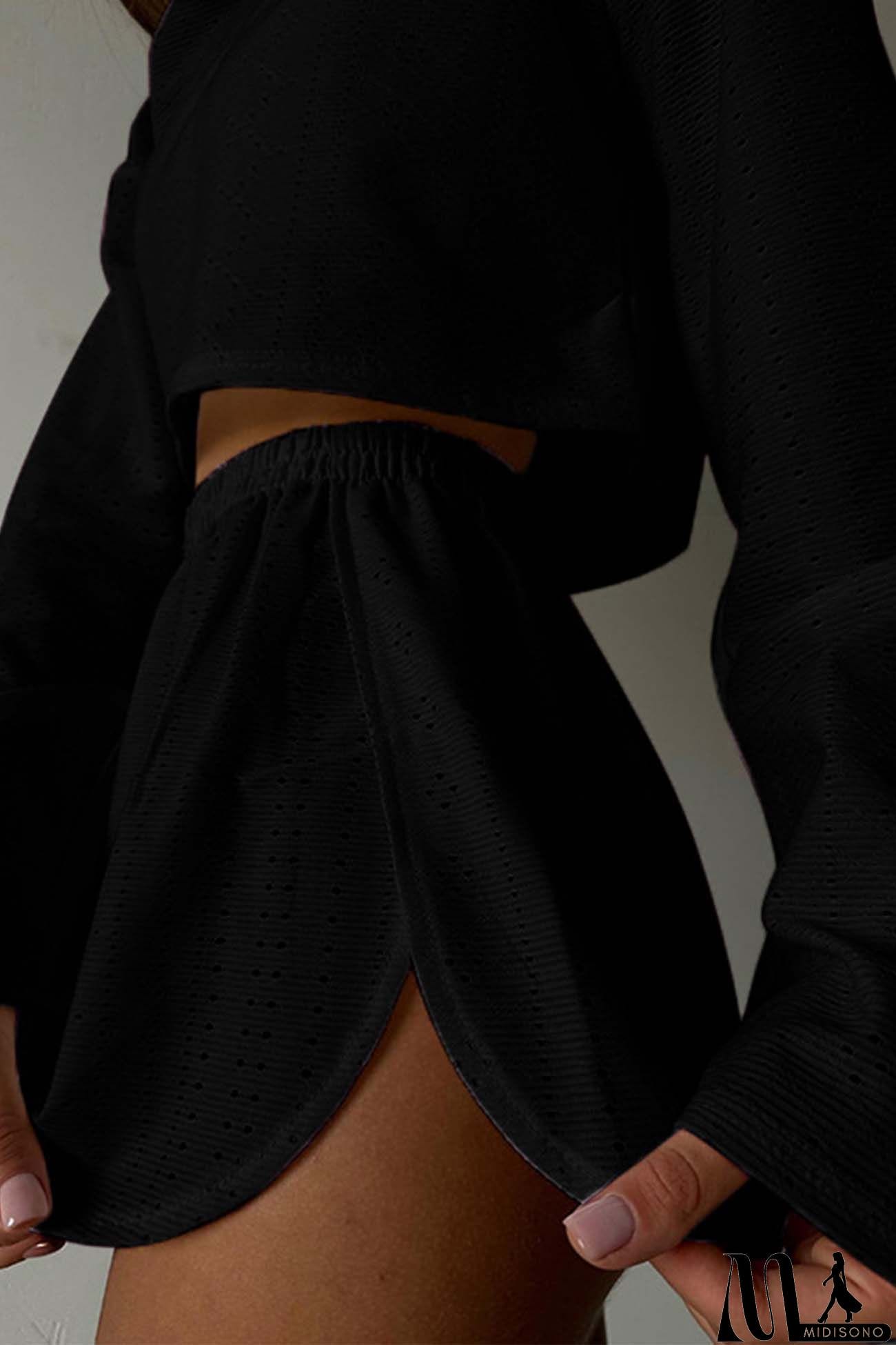 MidiSono - Hollow Long Sleeve Shorts Slit Two-Piece Set