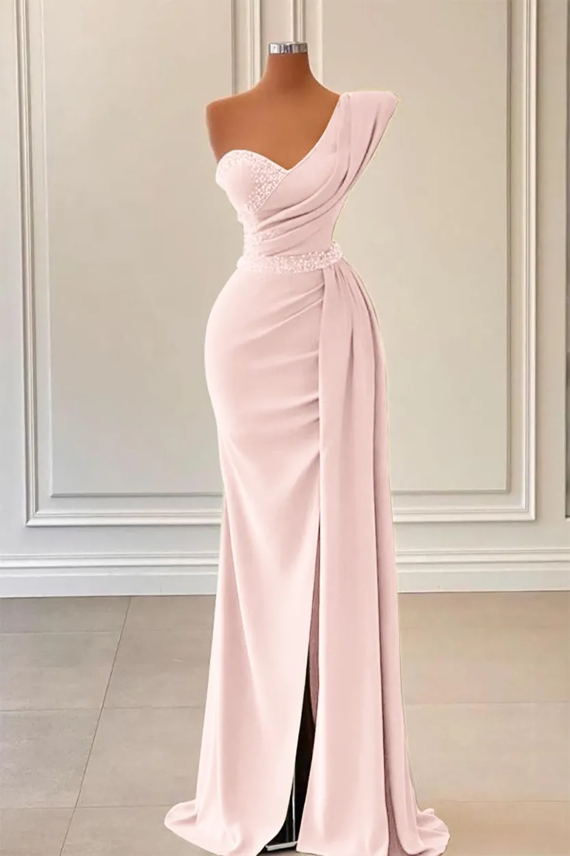 Classic One Shoulder Mermaid Daffodil Prom Dress with Split Long and Beadings main image 1