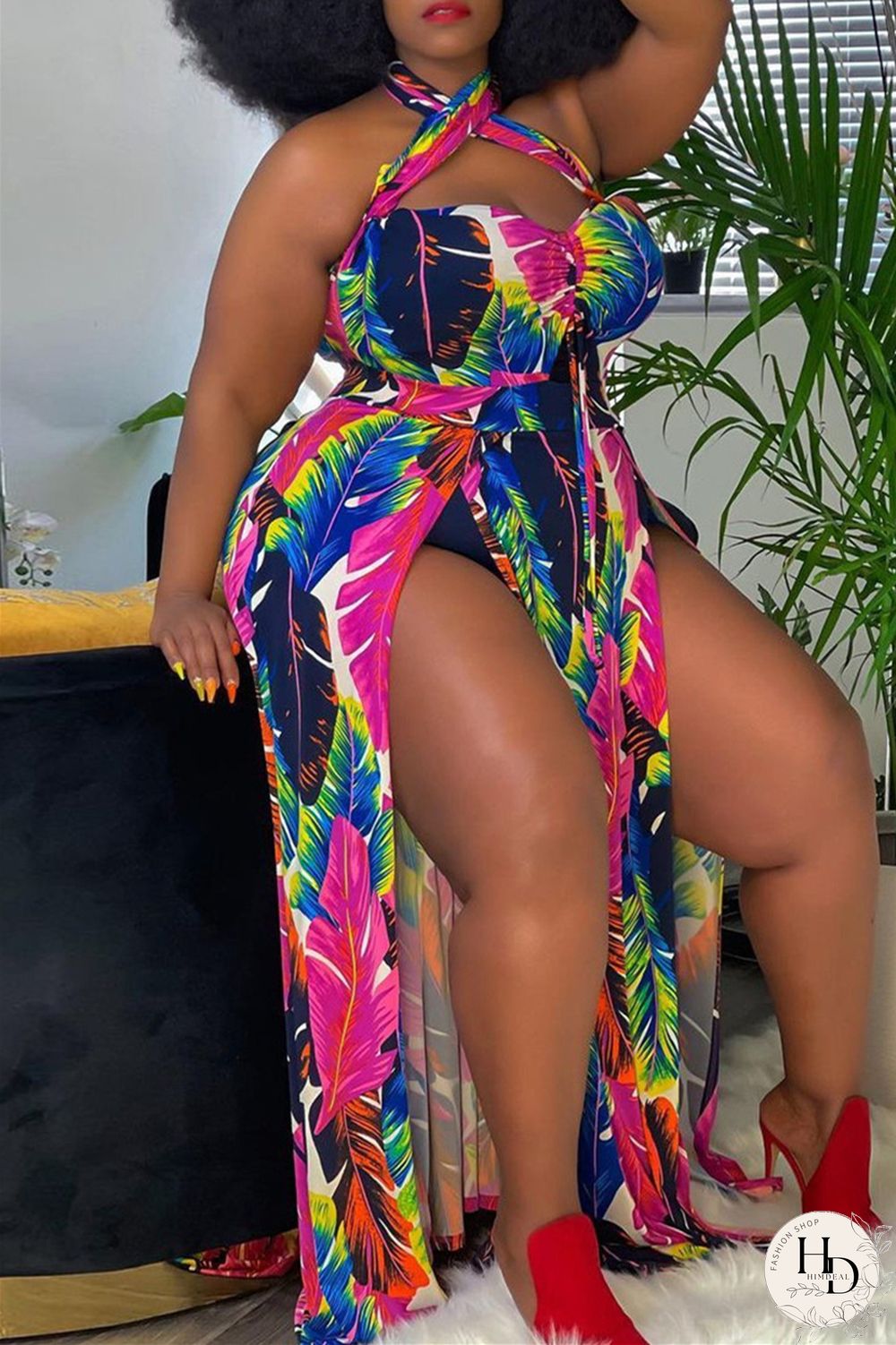 Yellow Fashion Sexy Plus Size Print Backless Slit Halter Sleeveless Dress