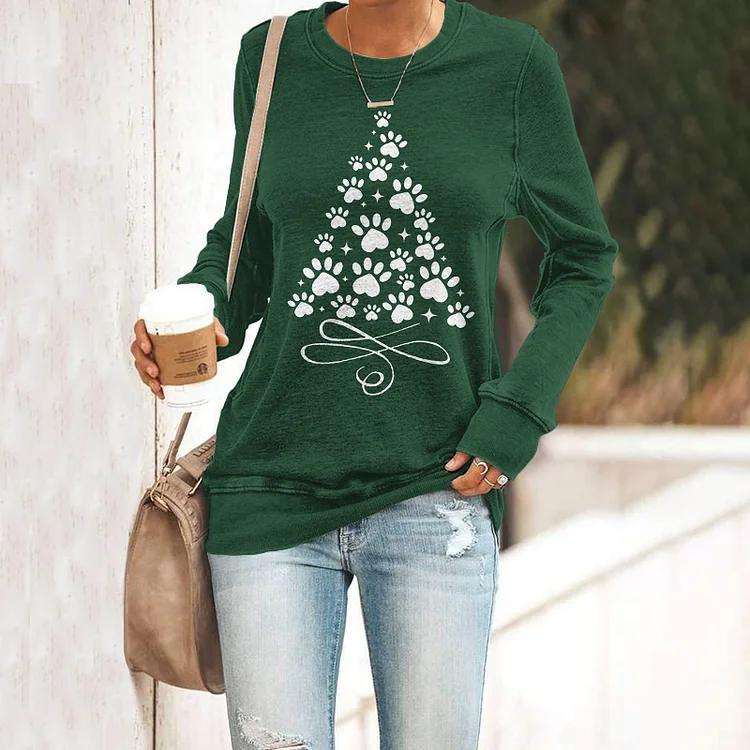 Wearshes Christmas Tree Print Casual Crewneck Sweatshirt
