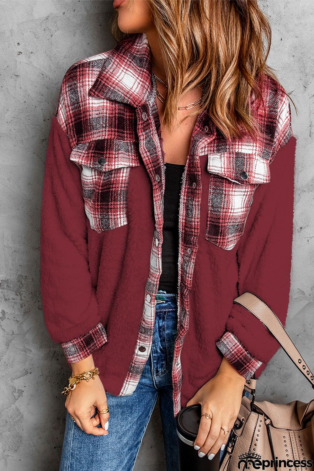 Plaid Patchwork Buttoned Pocket Sherpa Jacket