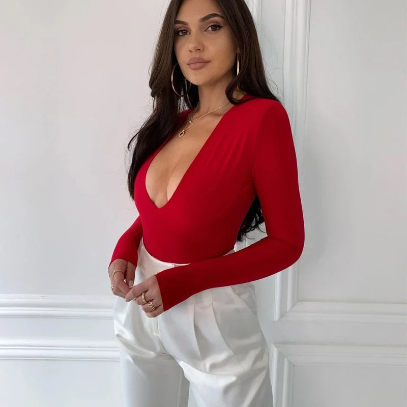 Yimunancy V Neck Bodysuit Women Long Sleeve Bodysuit 2021 Spring Ladies Black Skinny Bodysuit Body Femme