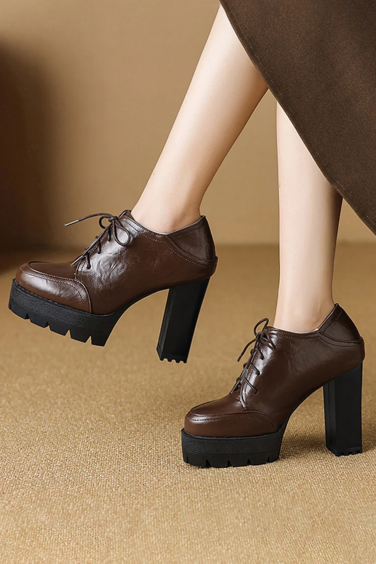 Patchwork Elegant Round Toe Lace Up Platform Chunky Heels