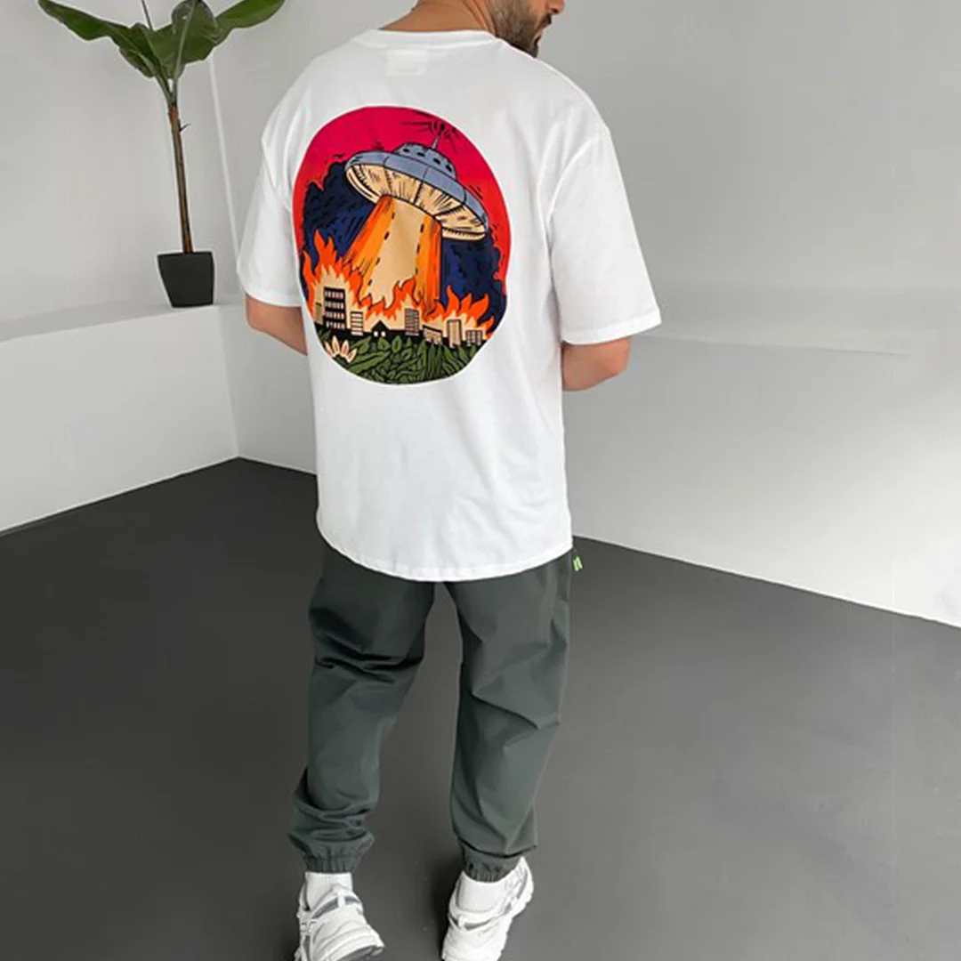 Men's Oversized Ufo Print T-shirt、、URBENIE
