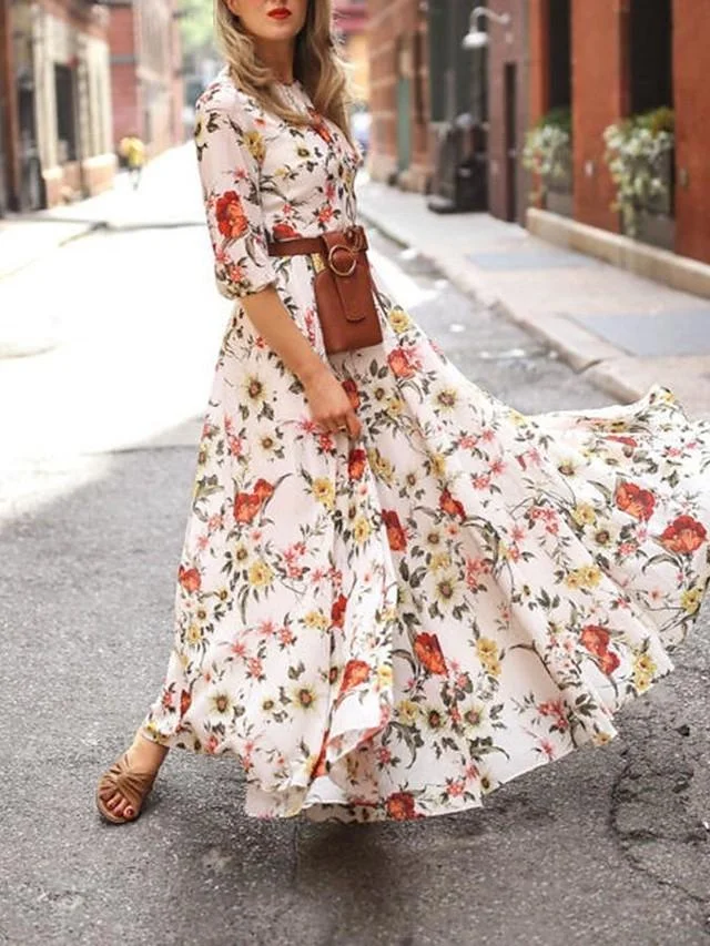 Women's Swing Dress Maxi long Dress - 3/4 Length Sleeve Floral Flower Print Spring Summer Casual Hot Holiday vacation dresses Lantern Sleeve Ruffle White S M L XL XXL | EGEMISS