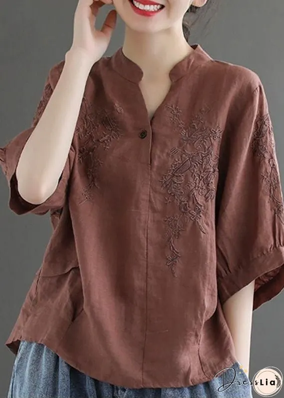 Women Coffee V Neck Embroideried Wrinkled Linen Blouse Top Lantern Sleeve