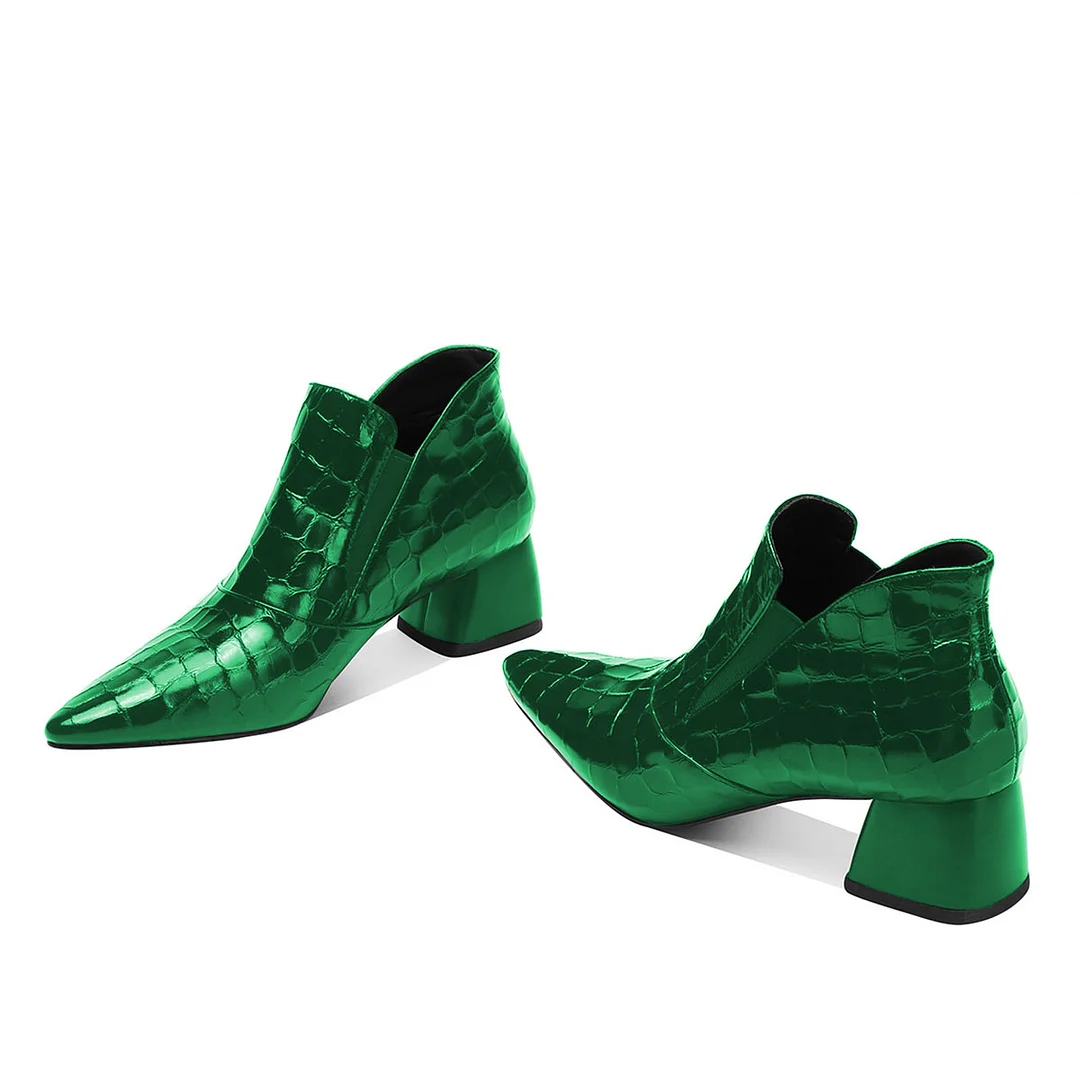 Green Pointed Toe Chunky Heel Crocodile Embossed Short Boots for Women