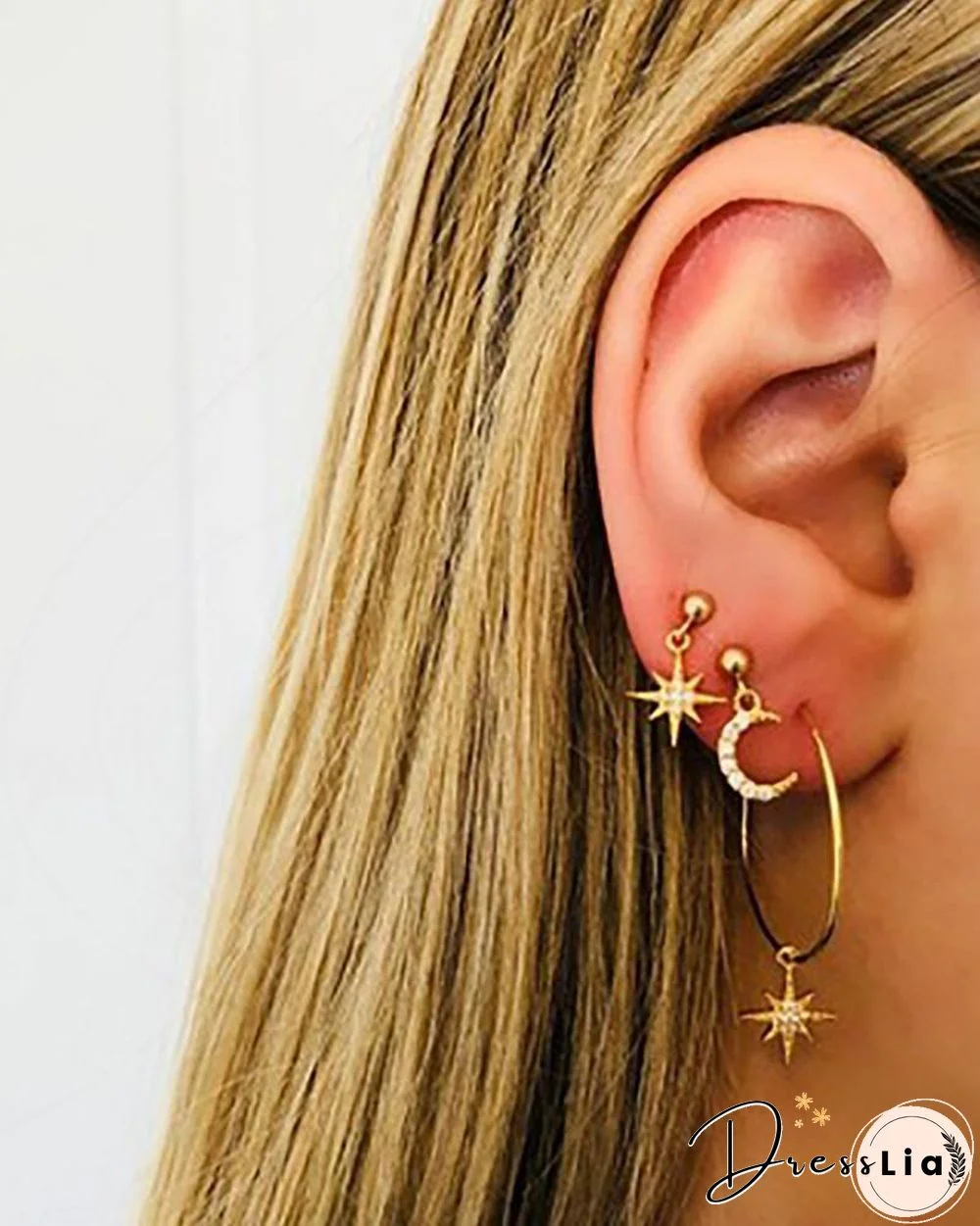 2Pairs Moon & Star Pattern Studded Earrings