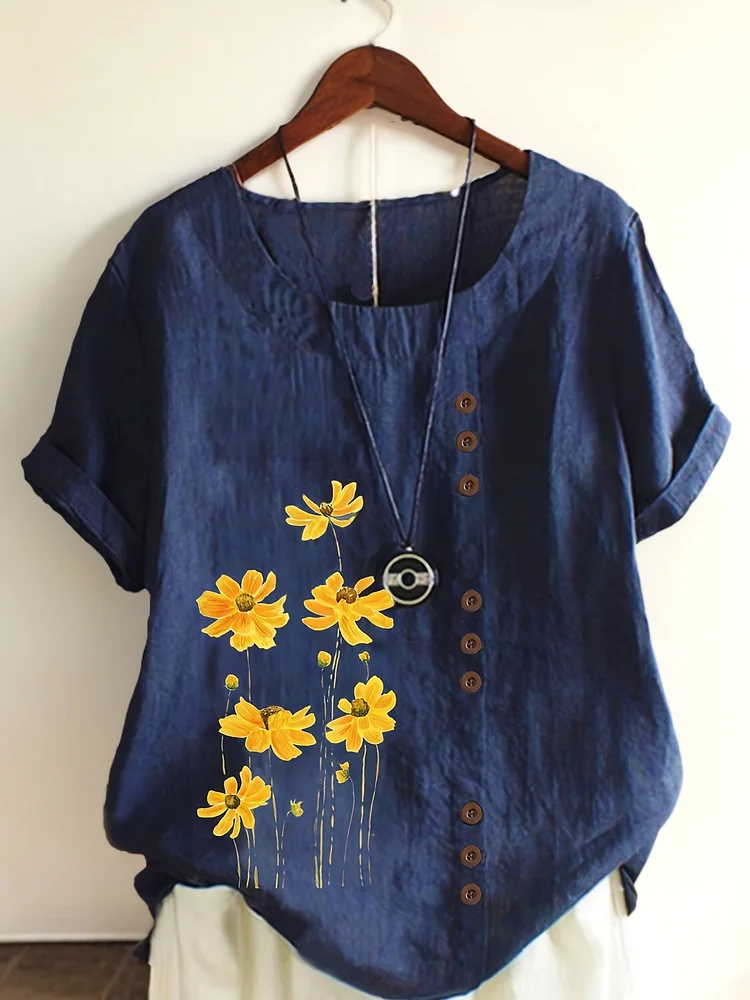 Women's Navy Blue Floral Print Button-Up Shirt - Short Sleeve Round Neck Casual Top With Yellow Flowers, Machine Washable Non-Stretch Fabric For Spring Summer Fall Vacation & Casual Attire, Nontransparent Material, Seasonal Fashion, Relaxed Fit