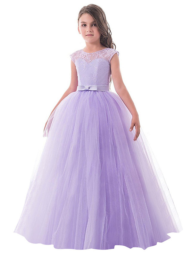 Beautiful Princess Sleeveless Jewel Neck Long Length Flower Girl Dress Lace Tulle With Lace  Bow - lulusllly