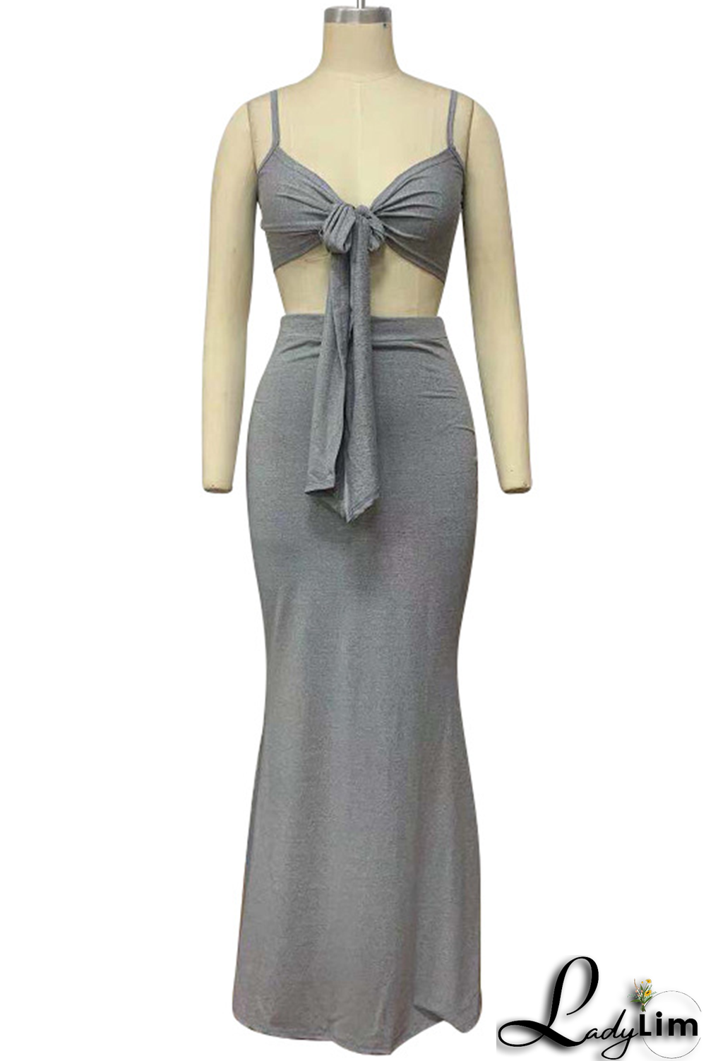 Tangerine Red Sexy Solid Split Joint Spaghetti Strap Sleeveless Two Pieces