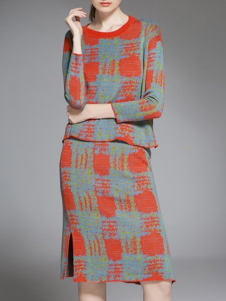 Orange Knitted Elegant Top With Skirt Set