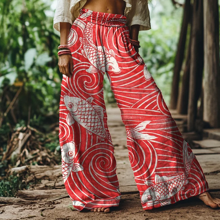 Vintage Fish Art Print Loose Wide-leg Pants