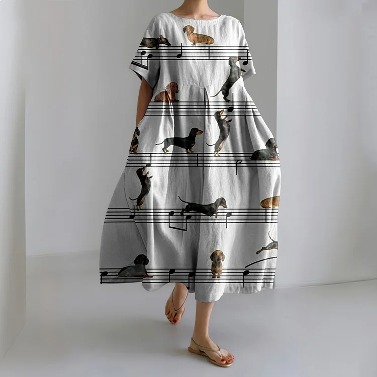 Cute Dachshund And Music Art Print Casual Short Sleeve Midi Dress