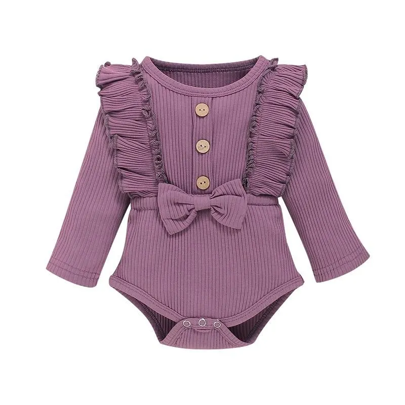 Toddler&rsquo;s Spring Autumn Clothes Solid Color Ruffle Long Sleeves Ribbed Rompers with Bowknot for Baby Girl  0-18 Months