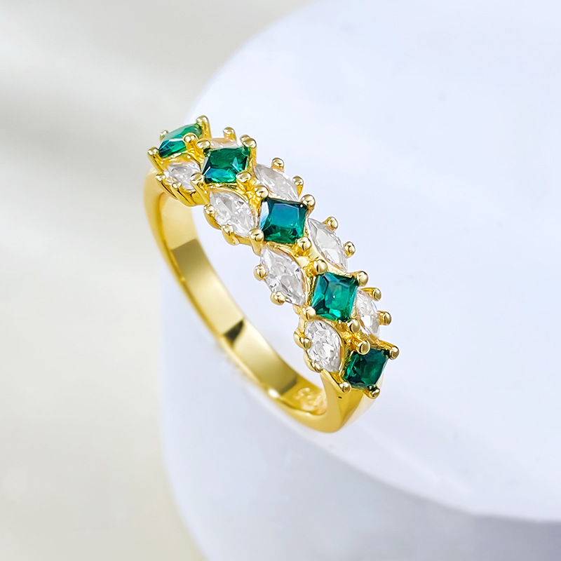 MIKAMU Jewelry S925 Silver Women's Fashion Colorful Artificial Emerald Ring Row
