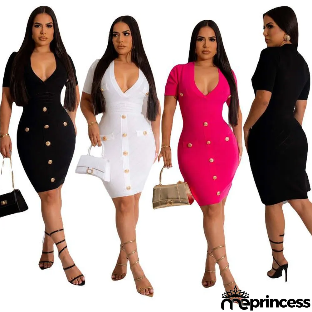 Solid Color V Neck Knits Midi Dress