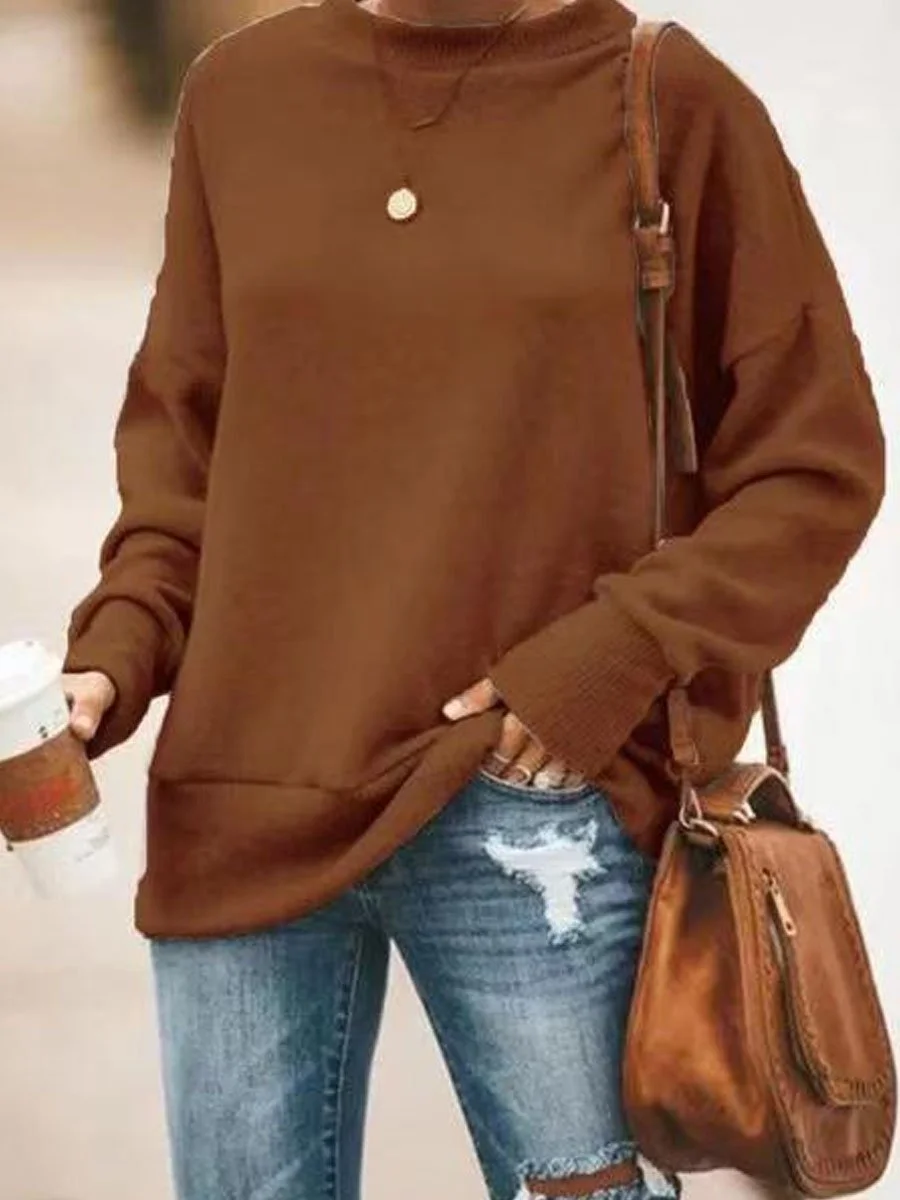 Round Neck Solid Color Long-sleeved Sweashirt