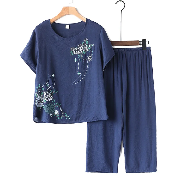 Women Short Sleeve T-shirt Top Pants Floral Print Loose Loungewear Home Outfit Women's Clothing