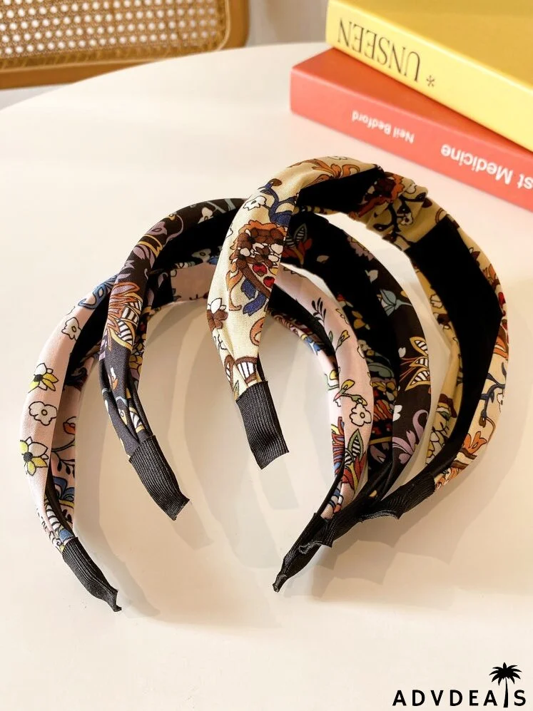 3pcs Flower Print Knot Detail Headband