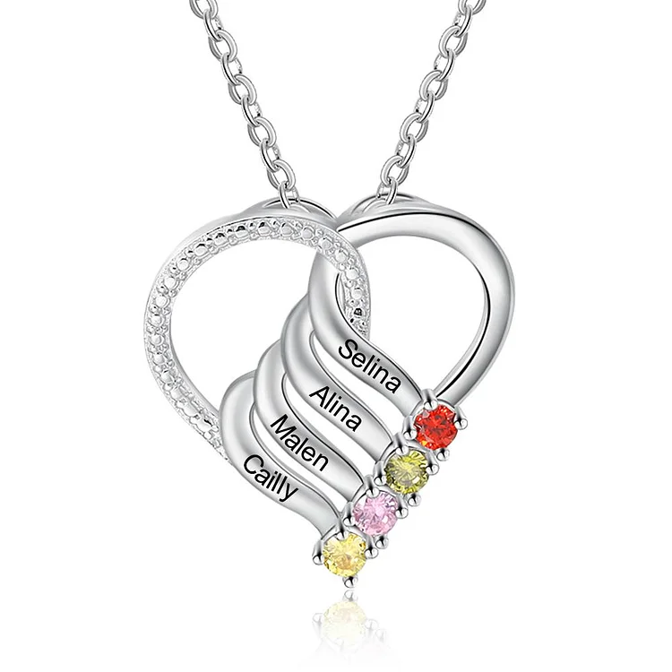 Heart Necklace Mother Necklace 4 Names 4 Birthstones Love Gifts for Her