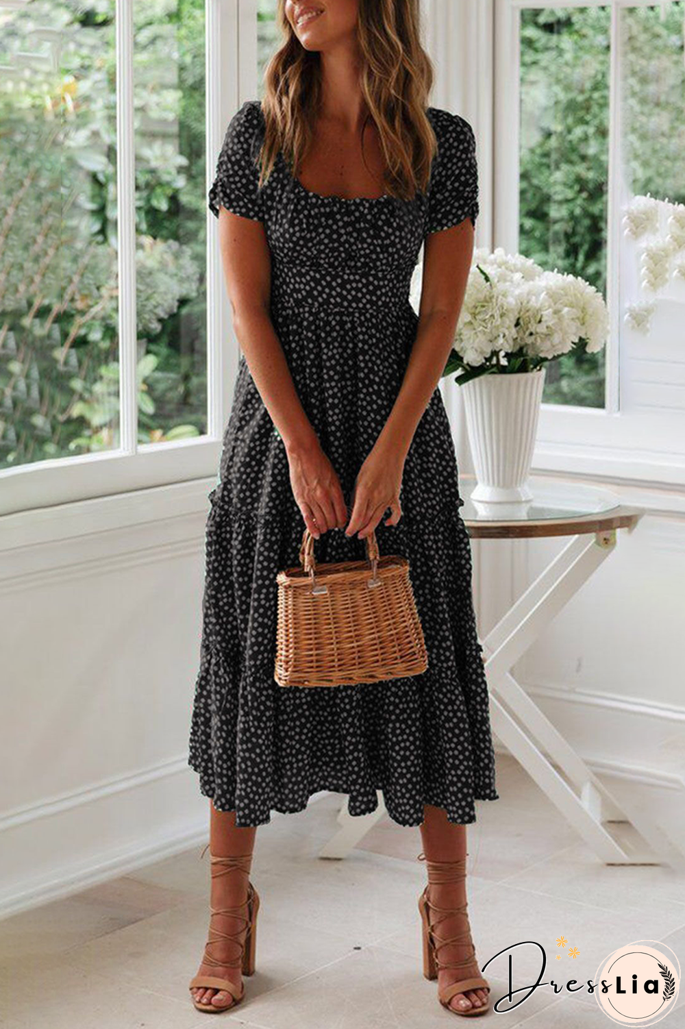 Casual Dot Square Collar Cake Skirt Dresses