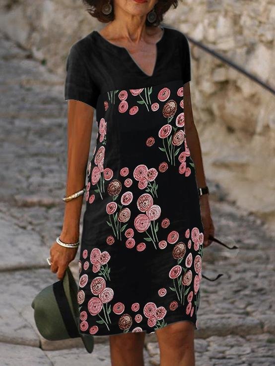 Black Flower Print Casual  Shortsleeve Dress-Mayoulove